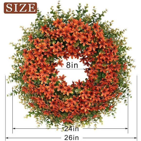 26 Fall Wreath for Front Door, Porch, Window - Large Artificial Eucalyptus Leav